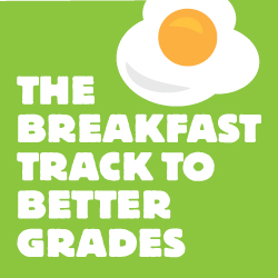 green background with an illustrated egg and the words "the breakfast track to better grades"