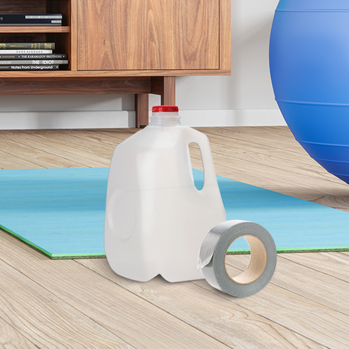 milk jug in front of a yoga mat
