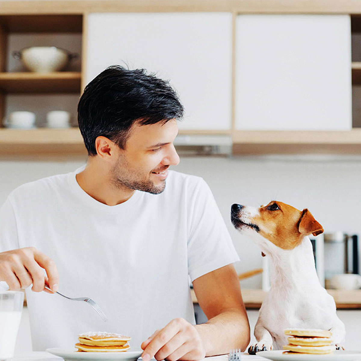Man and dog with pancakes