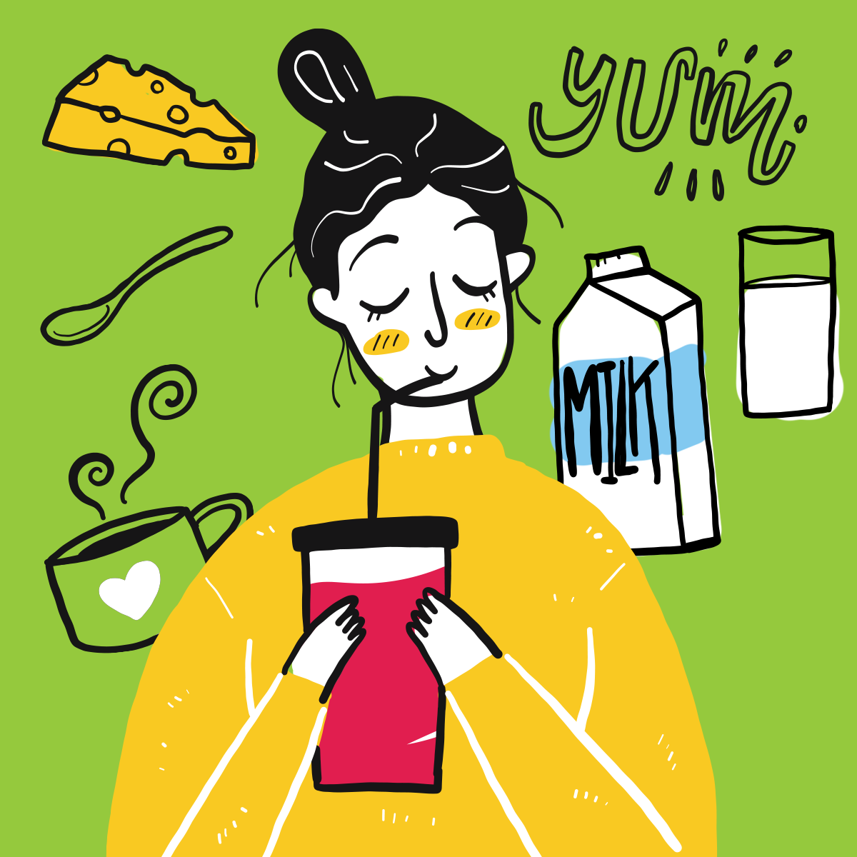 Illustration of a woman drinking from a cup surrounded by dairy products