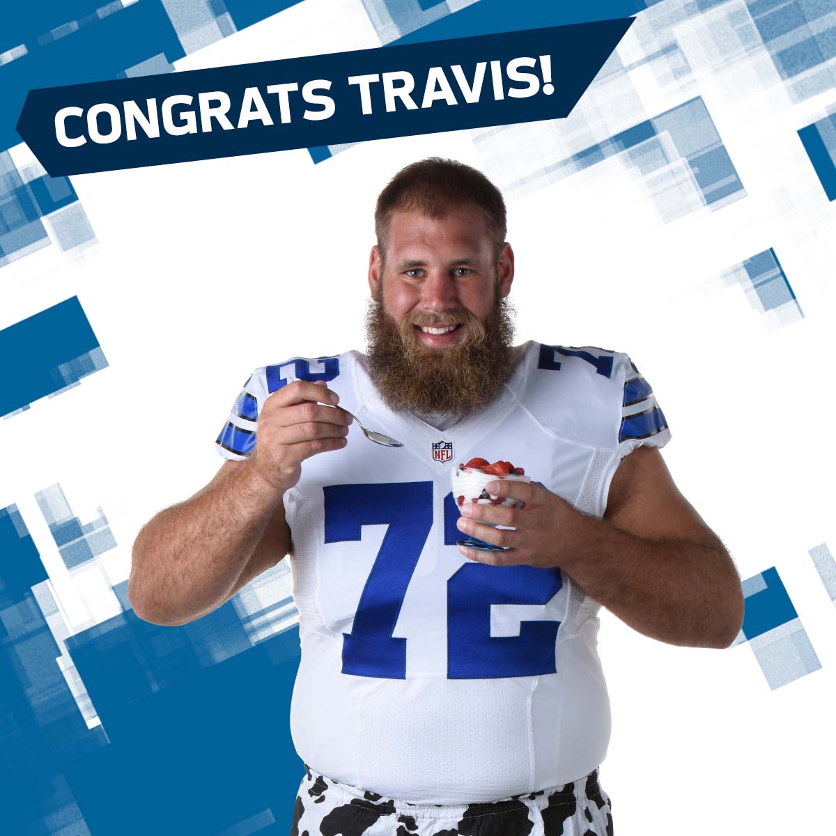 image of Travis Frederick eating yogurt that says "congrats travis!"