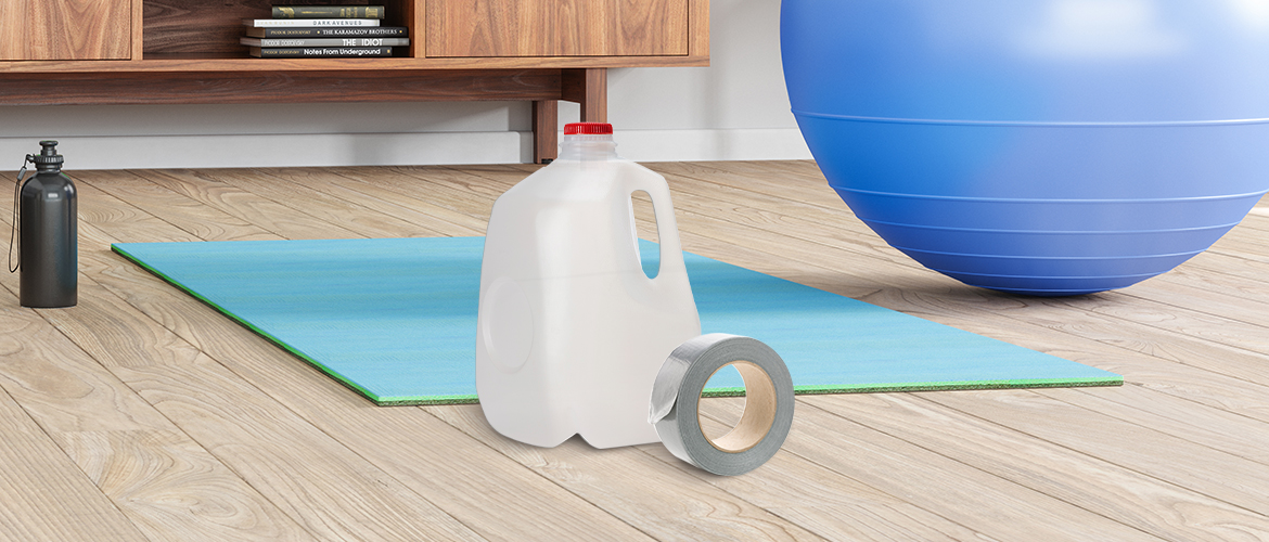 milk jug in front of a yoga mat