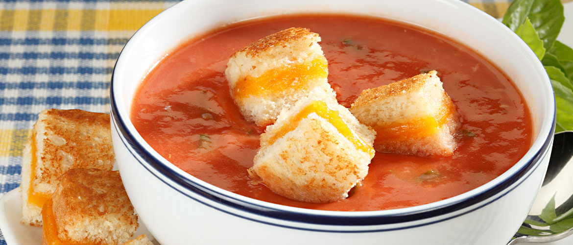 Basil Tomato Soup With Grilled Cheese Croutons