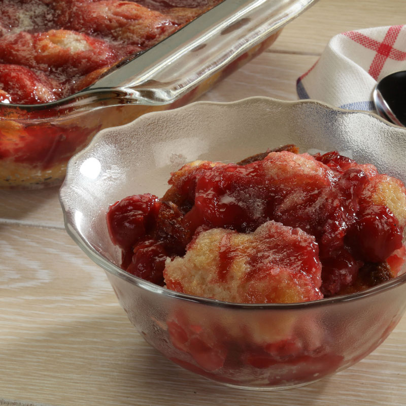 easy cherry cobbler in a glass bowl