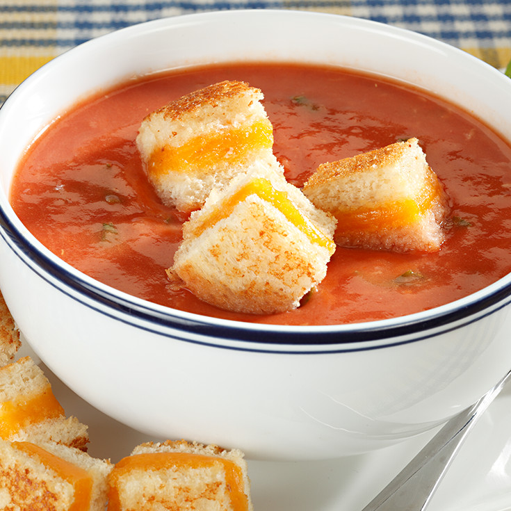 tomato soup with croutons on top