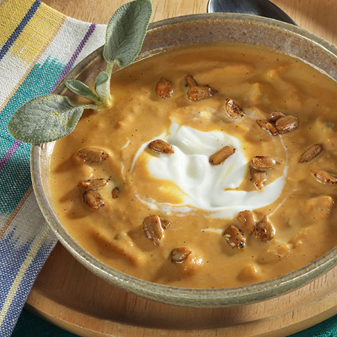 pumpkin soup with chipotle-roasted sunflower seed topping