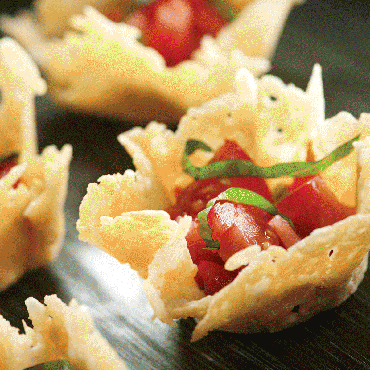 parmesan crisps (or tuiles) with roasted red pepper salad
